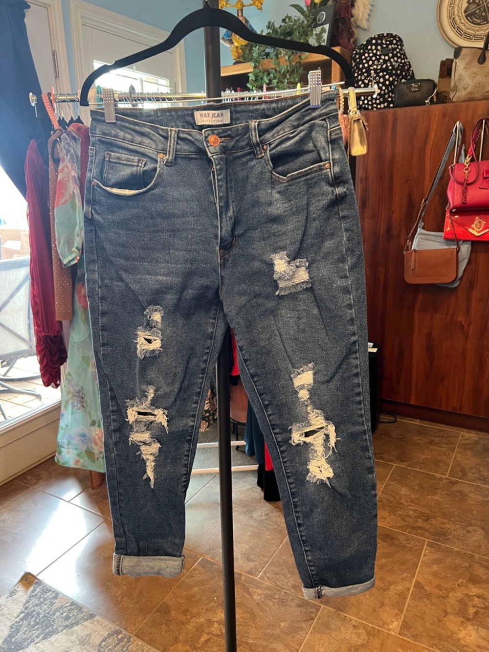 Wax Jean Distressed Dark Blue Boyfriend Jeans